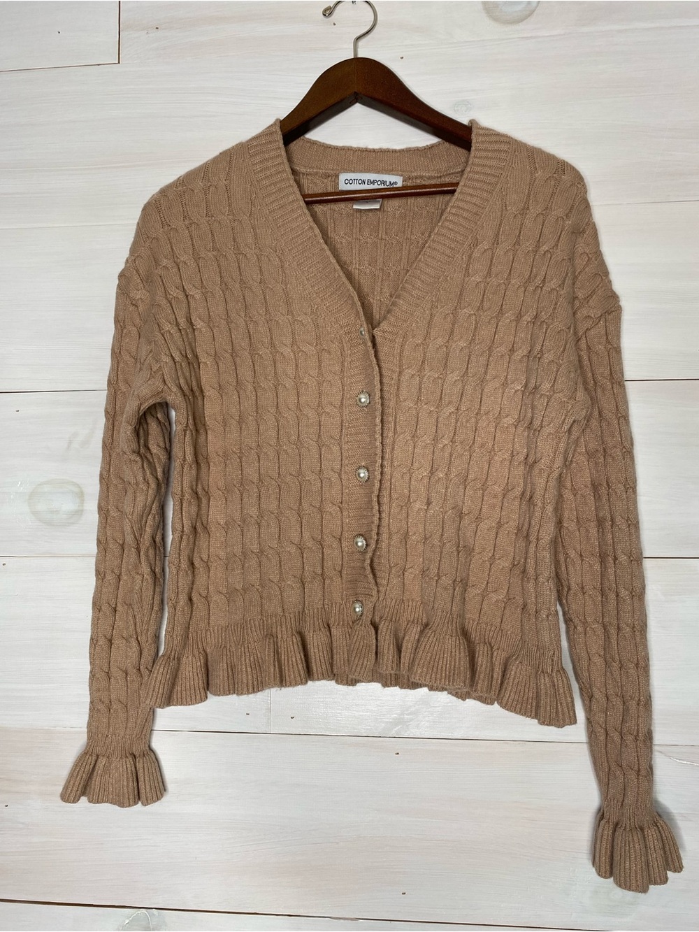 Cotton Emporium Tan Cable Knit Pearl Button Ruffle Hem Cardigan Medium